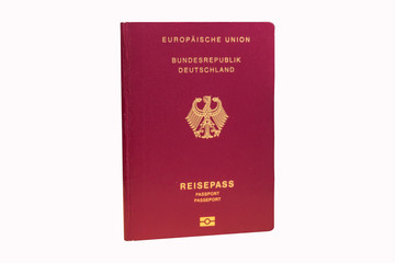 German biometric passport isolated on white background. Inscription - European Union, Federal Republic of Germany, Passport. Border crossing, travel, immigration