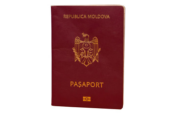 Red biometric passport of citizens of the Republic of Moldova, isolated on white background. Inscription - Republic of Moldova, Passport 