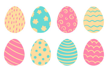 Set of bright colorful Easter eggs with different design. Vector illustration