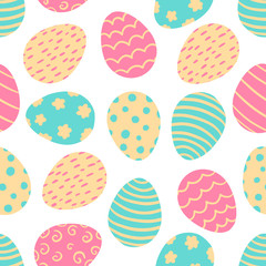Seamless pattern of Easter colorful bright decorated eggs on white background. Cute background for spring holiday. Vector illustration