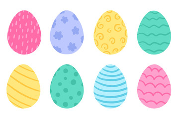 Set of bright colorful Easter eggs with different design. Vector illustration