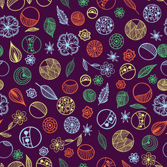 Seamless floral pattern with doodles on a dark background