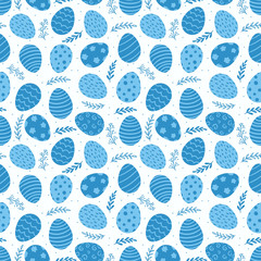 Seamless pattern of Easter colorful bright decorated eggs, leaves and dots on white background. Cute background for spring holiday. Vector illustration