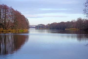 Mukhavets river in Brest, Belarus. Nature in the city