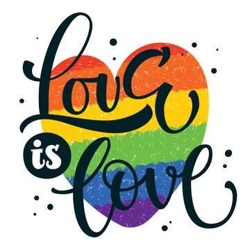 Gay Pride black text Love is Love on colorful gay rainbow heart background