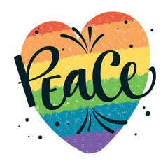 Gay Pride text Peace with splashes and dots decor on colorful gay rainbow heart background