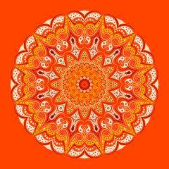  Mandala - orange background, floral patterns, elegant lace lines in yellow and beige and burgundy tones. Symmetry and harmony, fashionable design.