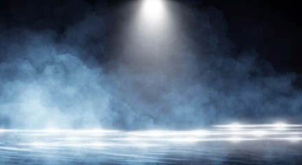 Background of an empty dark room, smoke and dust.