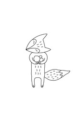 Cute cartoon hand drawn fox drawing. Sweet vector black and white fox drawing. Lovely monochrome fox drawing for prints, posters, t-shirts and cards.