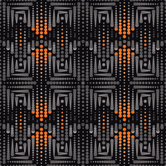 Vector Illustration of blended grey and orange dots and circles on black background. This elegant, stylish seamless repeat pattern is perfect for gift, cards, wallpaper, scrapbooking, fabric, interior