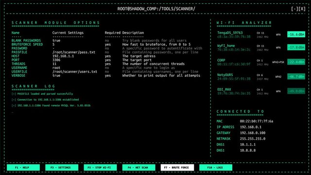 Wi-Fi network analyzer user interface with hacking bruteforce password attack