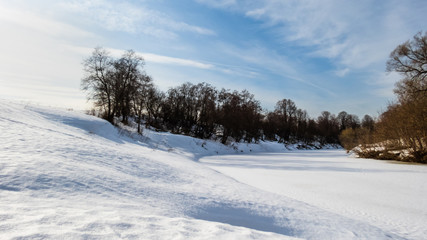 frozen river, winter landscape