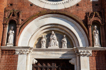 Abbey of Viboldone, in the province of Milan, with the historic main door and columns
