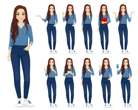 Young woman with long hair in casual denim shirt and jeans set different gestures isolated vector iilustration