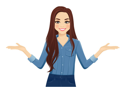Young cheerful woman with long hair in casual denim shirt showing isolated  vector illustration vector de Stock | Adobe Stock