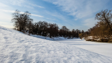 frozen river, winter landscape