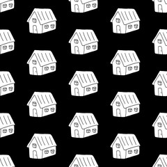 Cartoon home pattern with hand drawn houses. Cute doodle black and white home pattern. Seamless monochrome home pattern for fabric, wallpapers, wrapping paper, cards and web backgrounds.