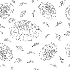 seamless pattern with hand drawn peonies black and white lines vector illustration