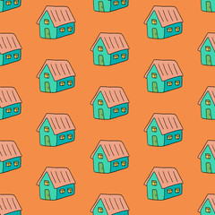 Cartoon house pattern with hand drawn houses. Cute doodle colorful house pattern. Seamless cheerful house pattern for fabric, wallpapers, wrapping paper, cards and web backgrounds.