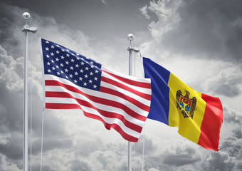 3D Rendering of United States of America & Moldova Flags are Waving in the Sky - 3d illustration