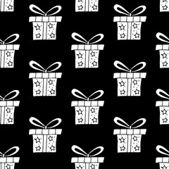 Cute cartoon gift box pattern with hand drawn gifts. Sweet vector black and white gift box pattern. Seamless monochrome doodle gift box pattern for textile, wallpapers, wrapping and cards.