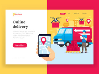 Online delivery service landing page. Modern flat design concept of Worldwide delivery for website and mobile website development. A hand is holding a smartphone, tracking online tracker. Vector