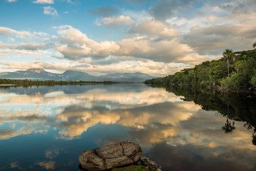 Sunrise over three small mountains. Canaima National Park, Venezuela