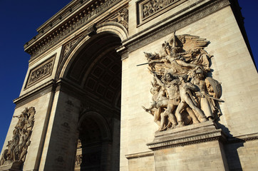 Detail of Arc de Triomphe de l'Etoile. Sculptural group of Triumphal Arch. Arc is one of the most famous monuments in Paris, France