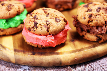 ice cream sandwiches with strawberry and chocolate. Chocolate Chip Cookie Ice Cream Sandwich