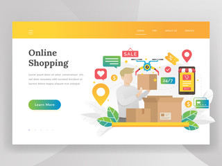 Modern flat design illustration concept of Online Shopping. Online shopping, mobile marketing and purchase concept. Landing page with man or customer receiving package buying goods at internet store