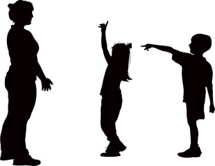 mother and children playing, silhouette vector