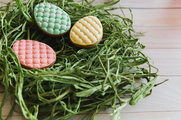 Colorful easter eggs cookies in nest on light wooden background
