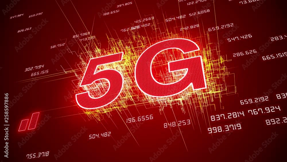 Poster video animation of the fast 5g mobile network on red background