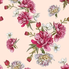 Gordijnen Floral seamless pattern with watercolor peonies and anemones © lesia_a