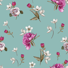 Floral seamless pattern with watercolor peonies and anemones