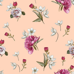 Floral seamless pattern with watercolor peonies and anemones