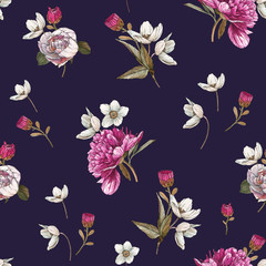 Floral seamless pattern with watercolor peonies and anemones