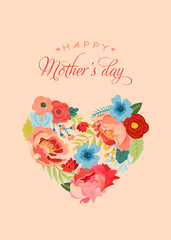 Mothers Day Greeting Card with Flowers Bouquet. Happy Mother Day Floral Banner with Heart. Best Mom Poster, Flyer Spring Celebration Design. Vector illustration