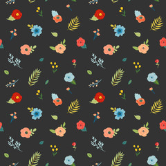 Floral Seamless Pattern with Flowers, Buds and Leaves. Fabric Botanical Background for Textile, Wrapping, Wallpaper. Fashion Print Minimal Design. Vector illustration
