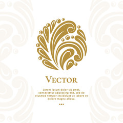 Gold abstract emblem. Elegant, classic elements. Can be used for jewelry, beauty and fashion industry. Great for logo, monogram, invitation, flyer, menu, brochure, background, or any desired idea.