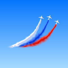 Colorful smoke trail representing Russian Federation's flag with airplanes airshow vector illustration
