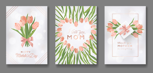 Mothers Day Greeting Card Design Set. Happy Mother Day Flyer with Tulip Flowers, Gifts and Golden Glitter Hearts for Poster, Banner, Invitation. Vector illustration