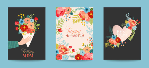 Fototapeta na wymiar Mothers Day Greeting Card Set with Flowers Bouquet. Happy Mother Day Floral Banner. Best Mom Poster, Flyer Spring Celebration Design. Vector illustration