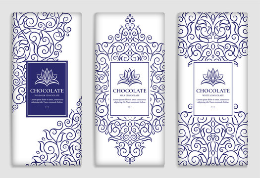 Luxury blue packaging design of chocolate bars. Vintage vector ornament template. Elegant, classic elements. Great for food, drink and other package types. Can be used for background and wallpaper.
