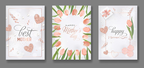 Mothers Day Greeting Card Design Set. Happy Mother Day Flyer with Tulip Flowers, Gifts and Golden Glitter Hearts for Poster, Banner, Invitation. Vector illustration