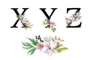 Collection romantic Black letters with drawn watercolor flowers. Elegant emblem for book design,...