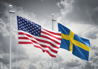 3D Rendering of United States of America & Sweden Flags are Waving in the Sky - 3d illustration