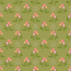 Seamless pattern of pink and apricot flowers with green leaves, on an olive background.