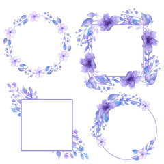 Set of gray wreaths and frames. Floral wreaths for decoration and invitation cards. Handmade Watercolor.