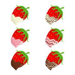 Vector Illustration with Strawberry in Chocolate.  Sweet Strawberries Covered in Chocolate. Vector Graphic Collection isolated on White Background. Set of Seasonal Berries
